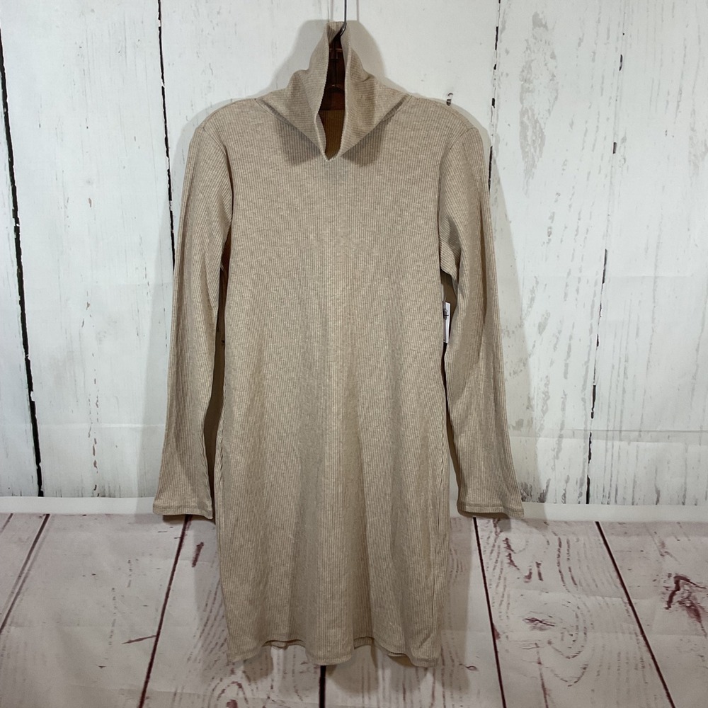 Old Navy Ribbed‎ Turtleneck Mini Dress Women L Beige Long Sleeve Bodycon Neutral